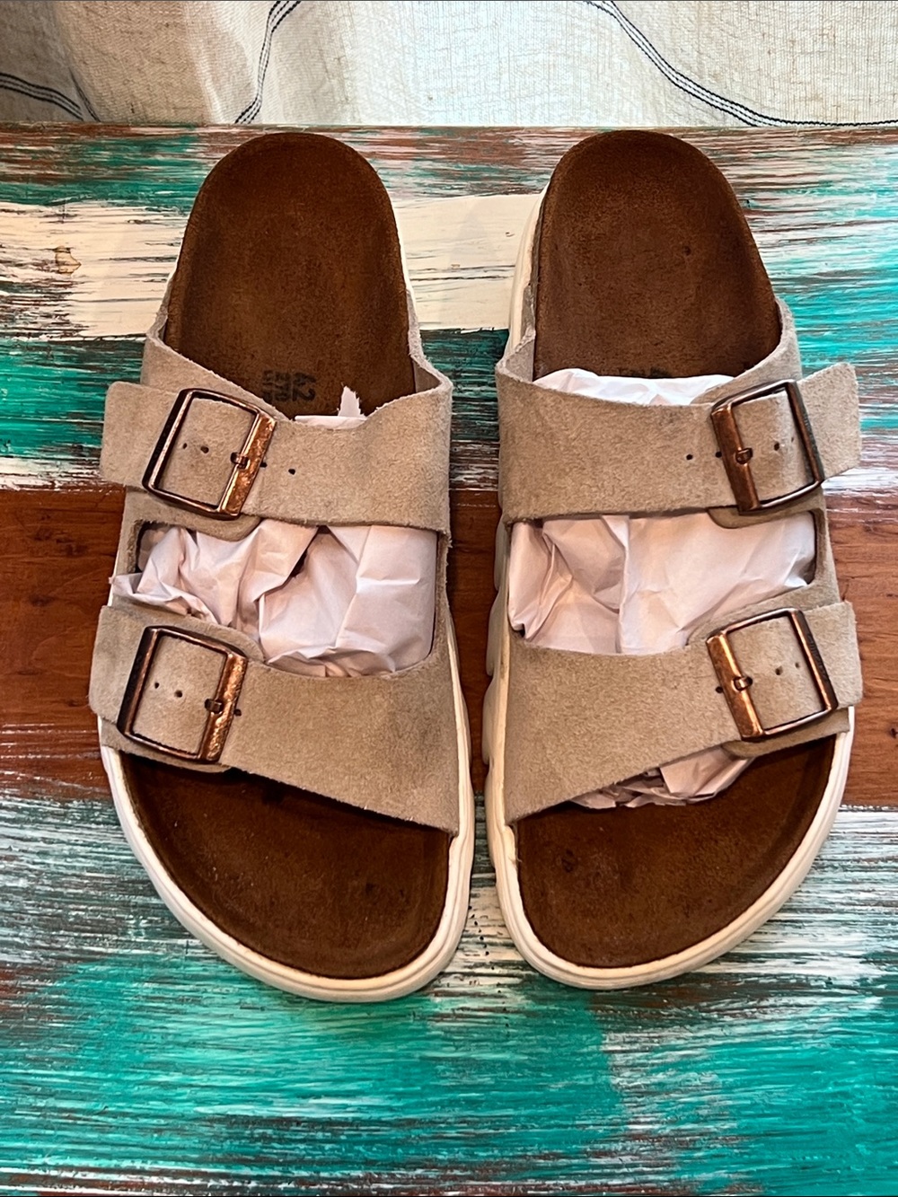 Papillio Beige Suede Double-Buckle Platform Sandals